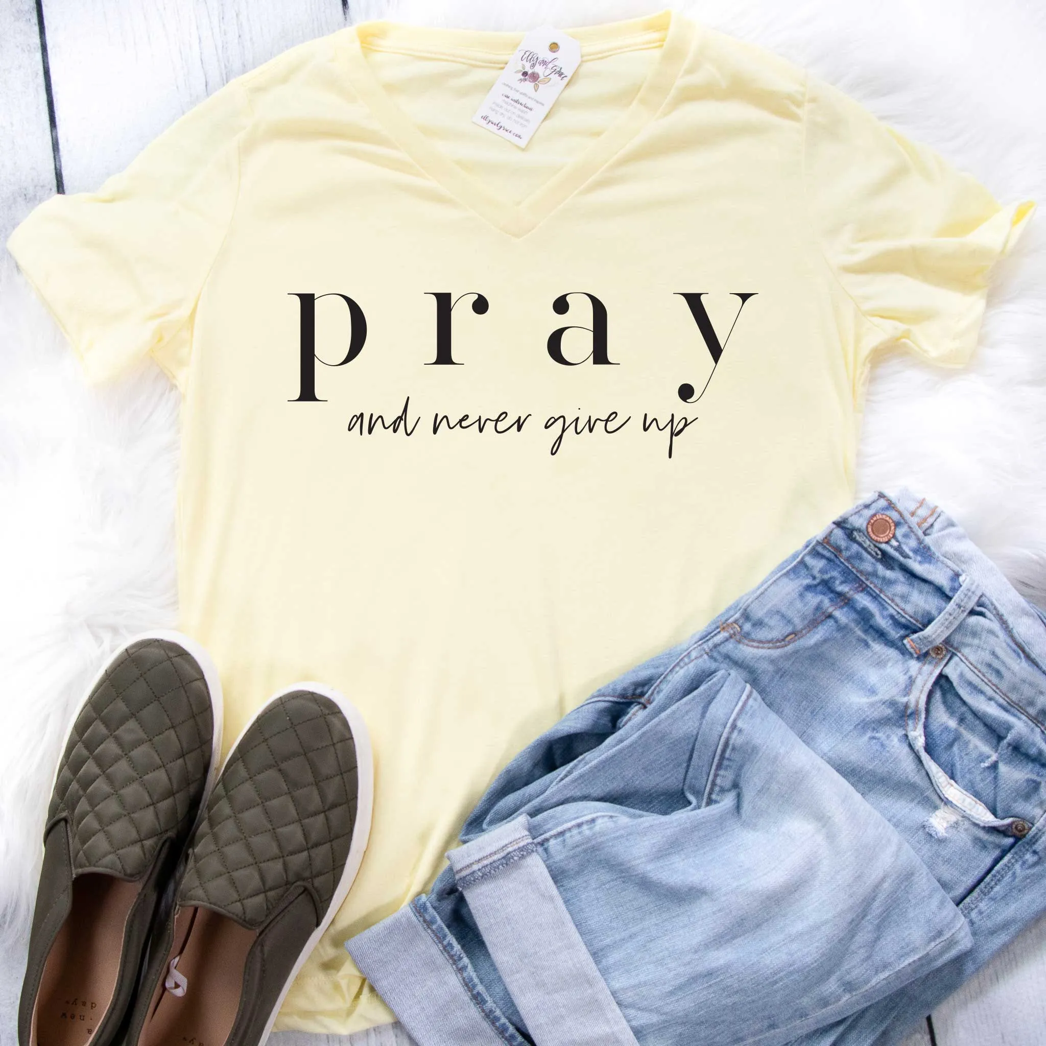 Pray and Never Give Up Ladies V-Neck