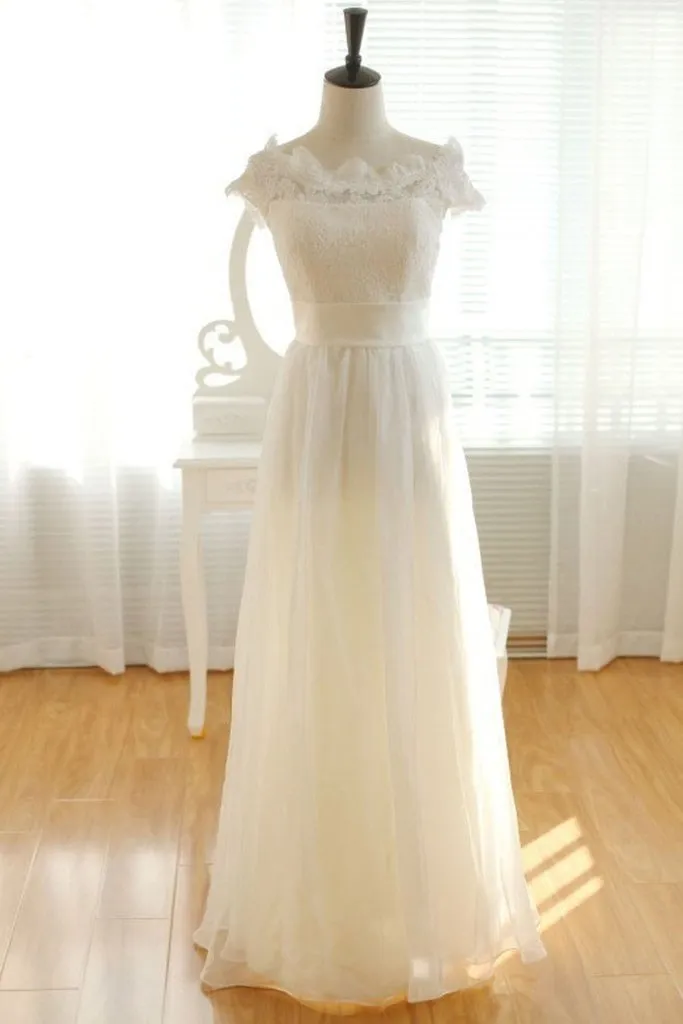 Pretty Elegant Long Chiffon Ivory Lace Wedding Dresses PFW0297