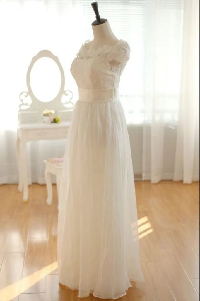 Pretty Elegant Long Chiffon Ivory Lace Wedding Dresses PFW0297