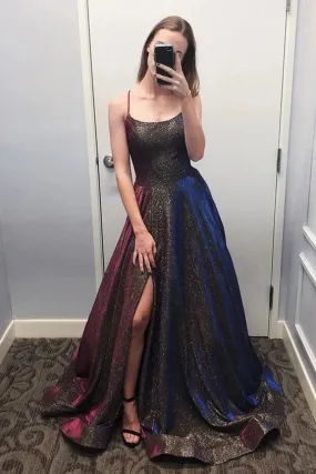 Promfast Sparkly Scoop Spaghetti Straps Slit Prom Dresses, Unique Party Dresses with Pockets PFP1867