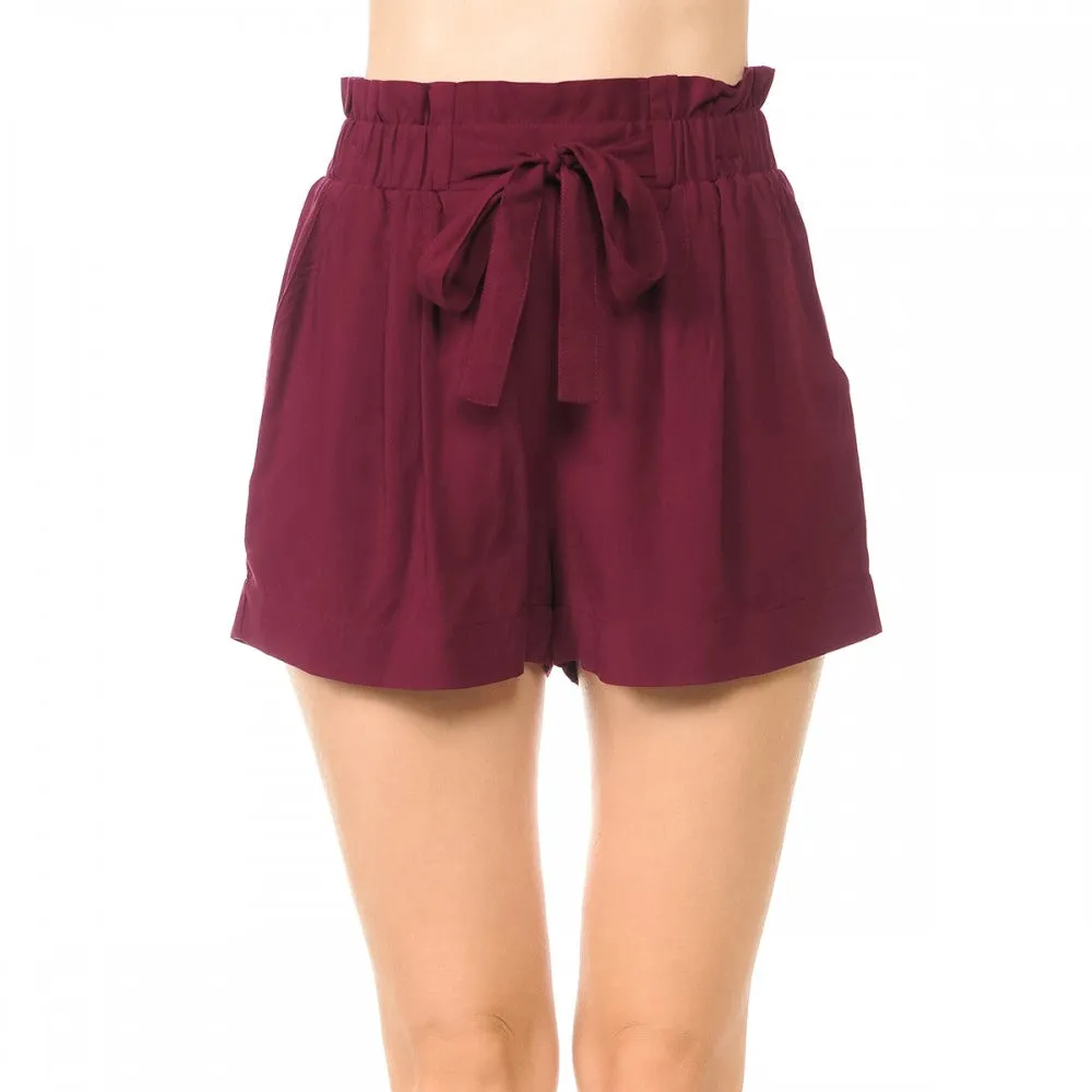 Solid Lightweight High-Rise Self Tie Ribbon Belt Elasticized Waist Slanted Front Pockets Shorts