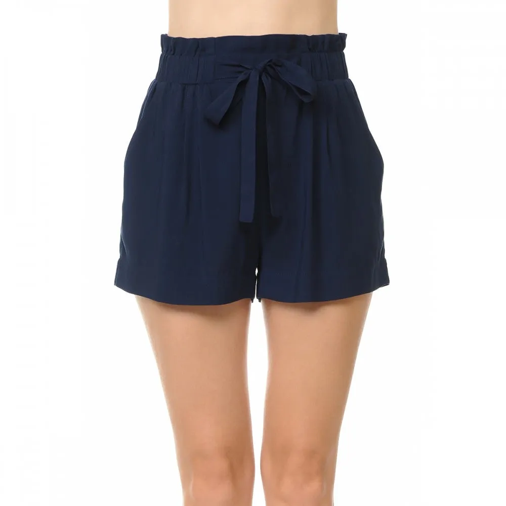 Solid Lightweight High-Rise Self Tie Ribbon Belt Elasticized Waist Slanted Front Pockets Shorts