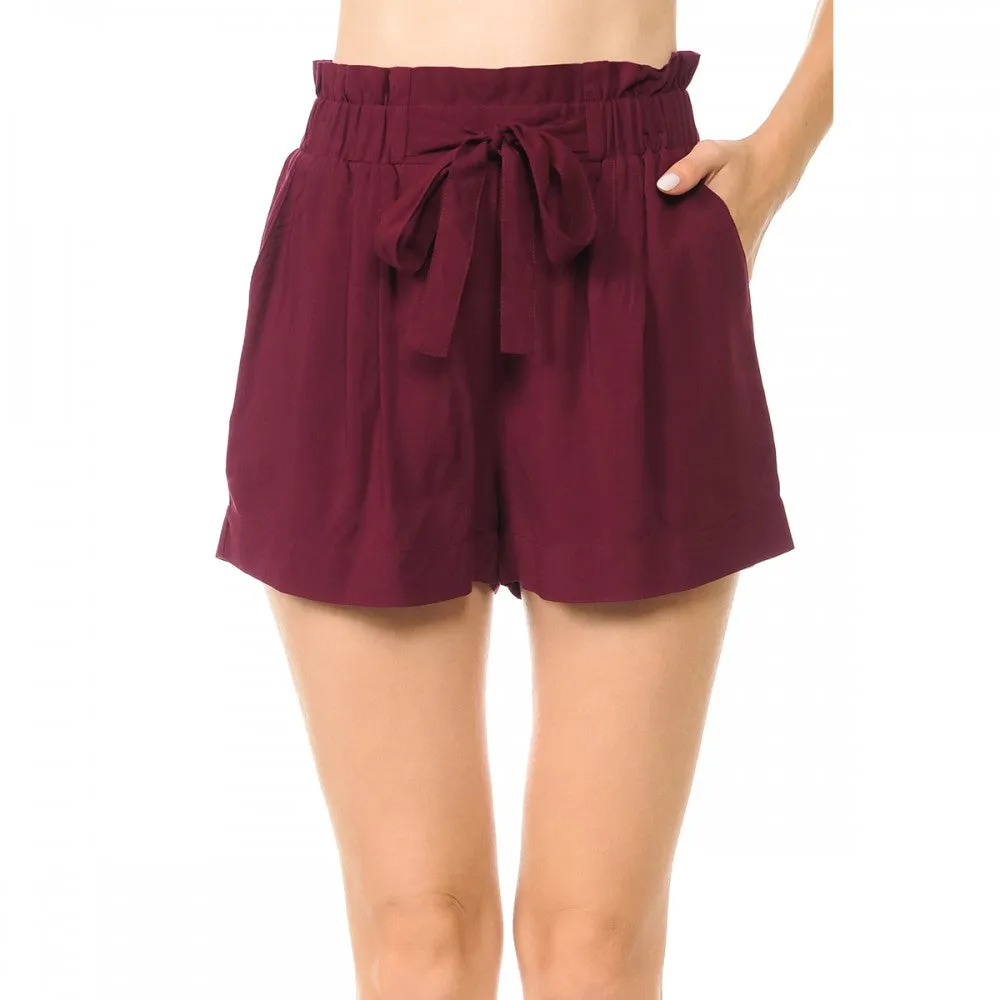 Solid Lightweight High-Rise Self Tie Ribbon Belt Elasticized Waist Slanted Front Pockets Shorts