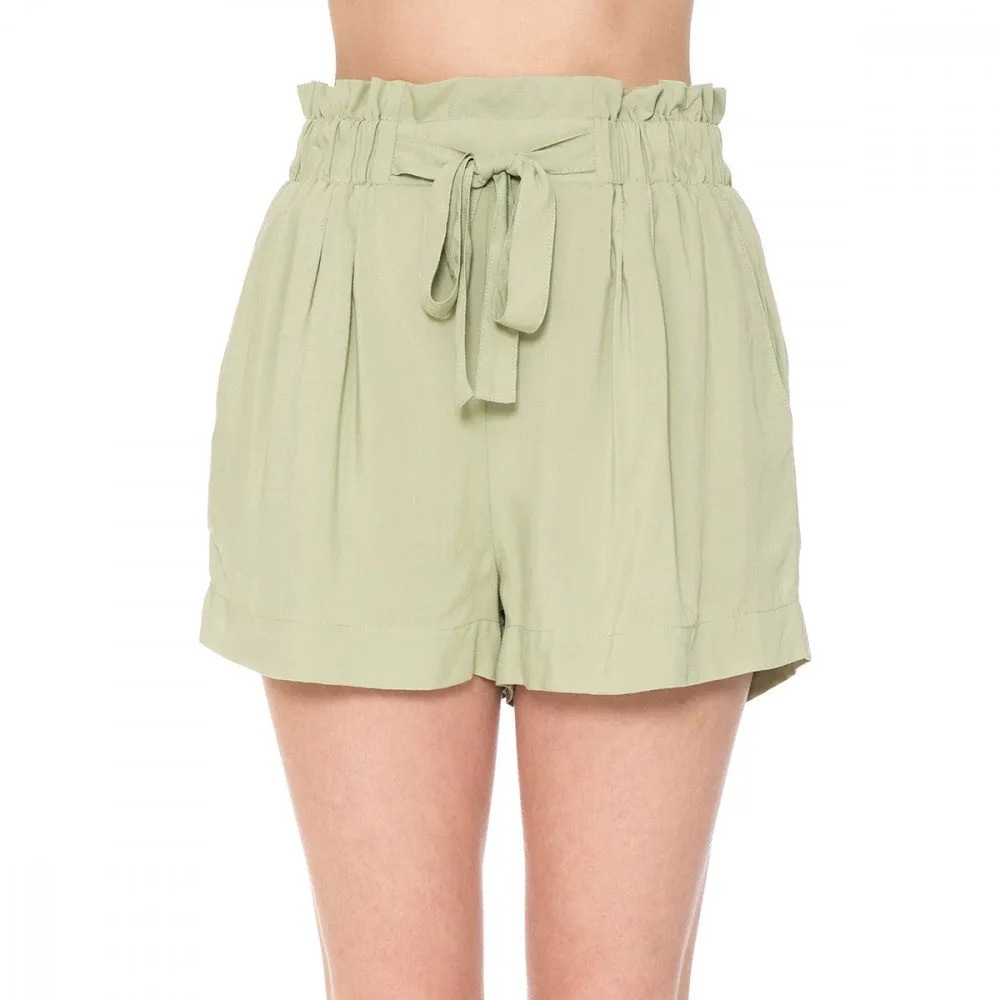 Solid Lightweight High-Rise Self Tie Ribbon Belt Elasticized Waist Slanted Front Pockets Shorts