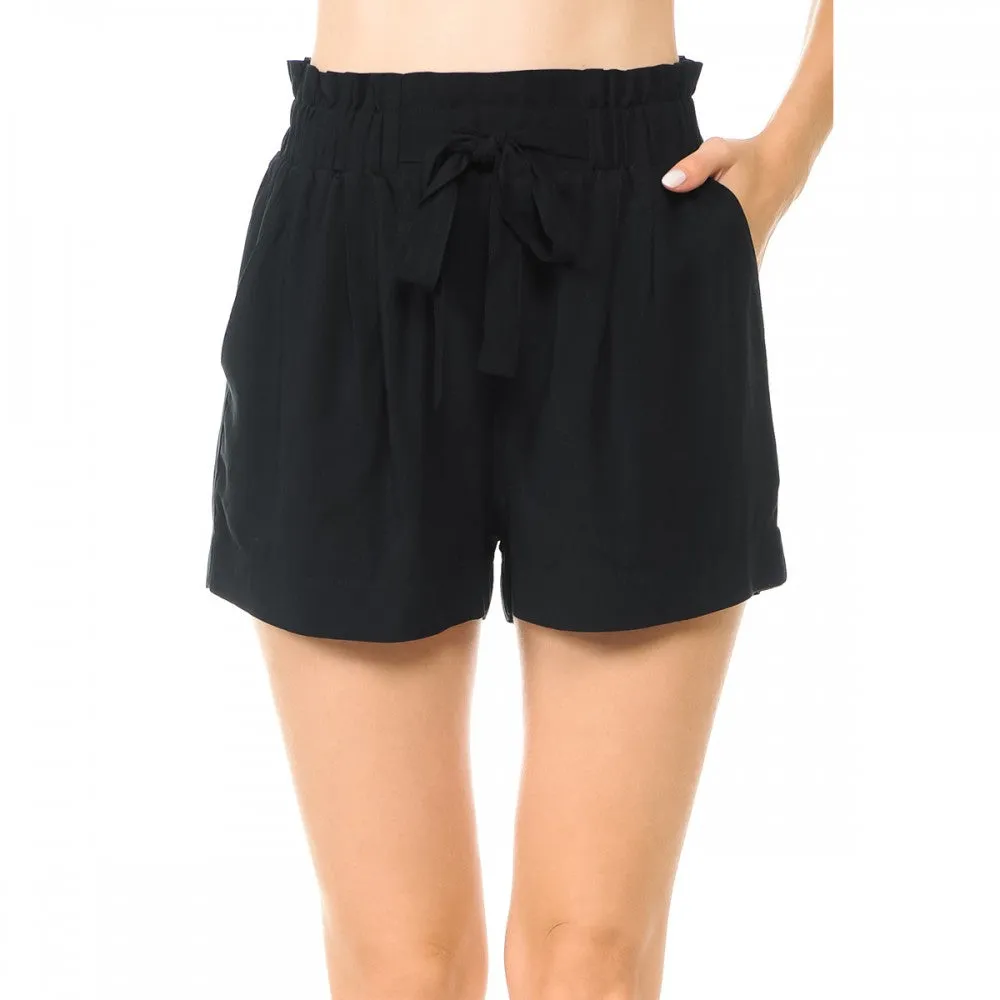 Solid Lightweight High-Rise Self Tie Ribbon Belt Elasticized Waist Slanted Front Pockets Shorts