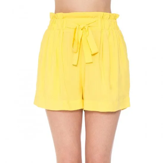 Solid Lightweight High-Rise Self Tie Ribbon Belt Elasticized Waist Slanted Front Pockets Shorts