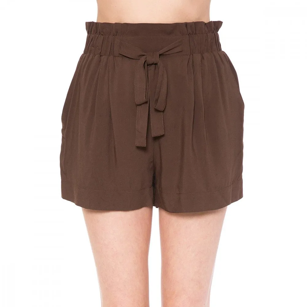 Solid Lightweight High-Rise Self Tie Ribbon Belt Elasticized Waist Slanted Front Pockets Shorts