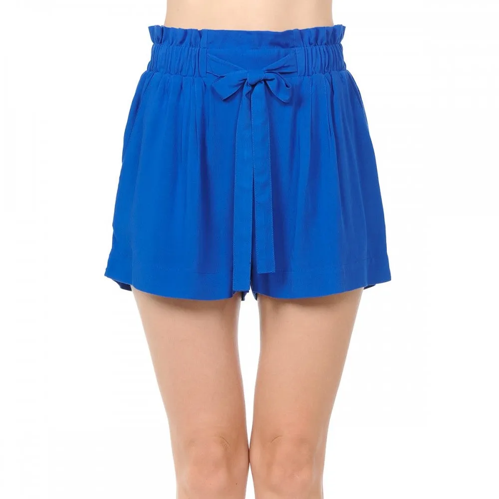 Solid Lightweight High-Rise Self Tie Ribbon Belt Elasticized Waist Slanted Front Pockets Shorts