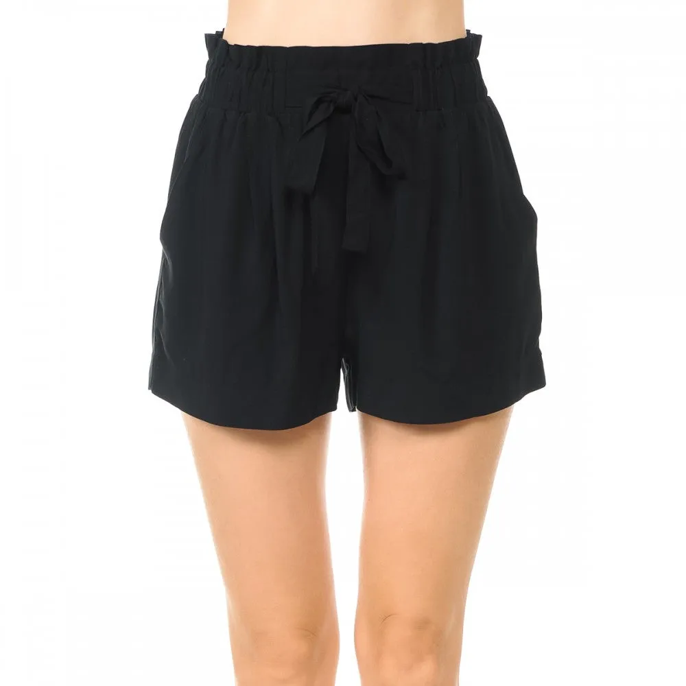 Solid Lightweight High-Rise Self Tie Ribbon Belt Elasticized Waist Slanted Front Pockets Shorts