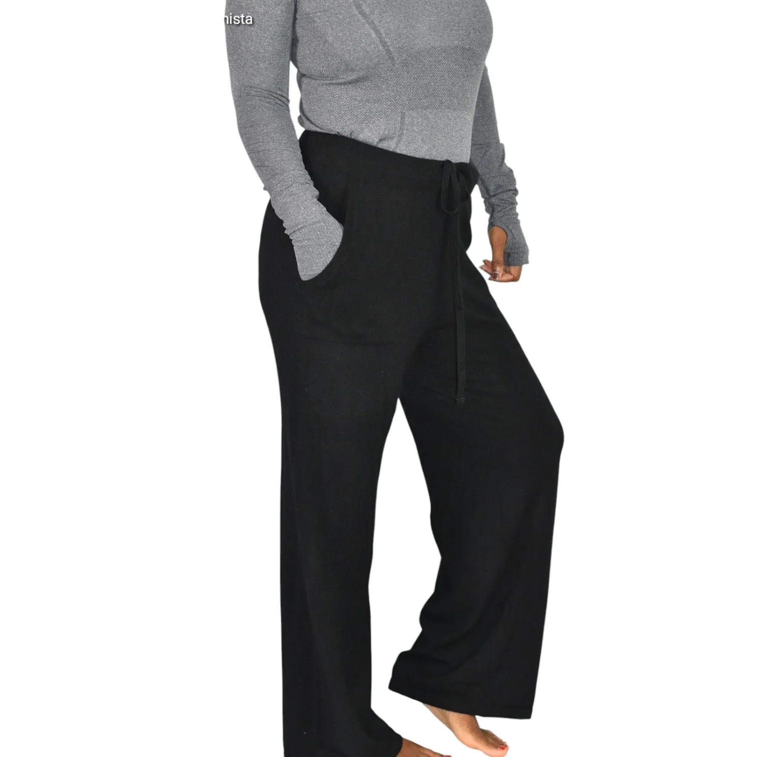 Splendid Sweater Knit Pants Black Wide Leg Lounge Drawstring Waist Pull On Soft Cozy Size Large