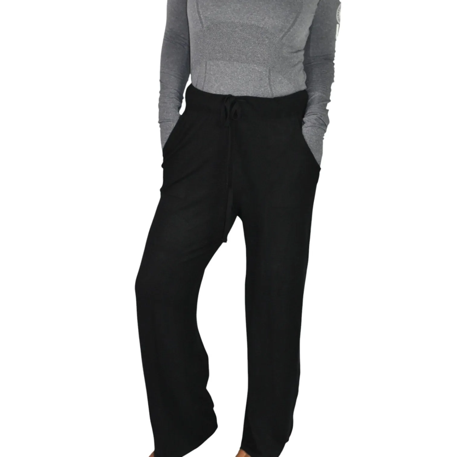 Splendid Sweater Knit Pants Black Wide Leg Lounge Drawstring Waist Pull On Soft Cozy Size Large