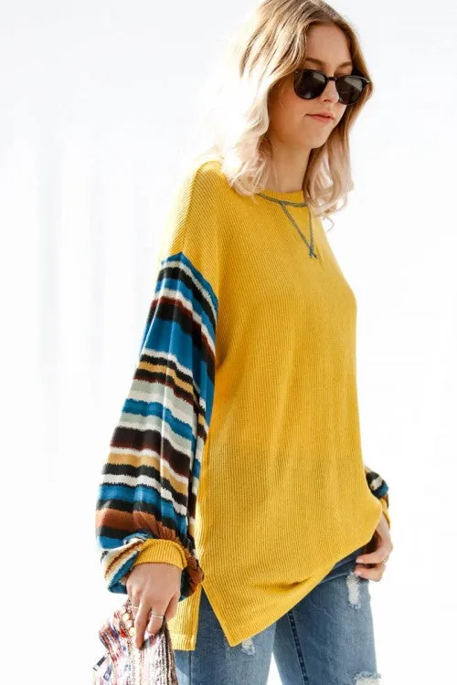 Tribal Striped Sleeve Knit Top, Mustard