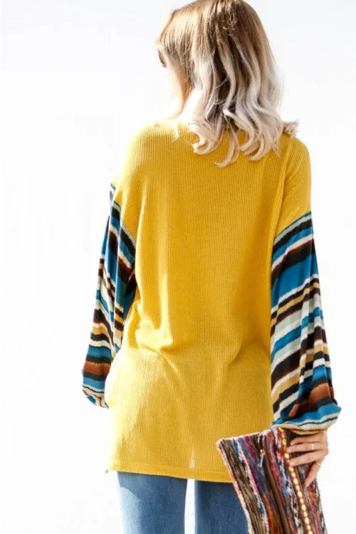 Tribal Striped Sleeve Knit Top, Mustard