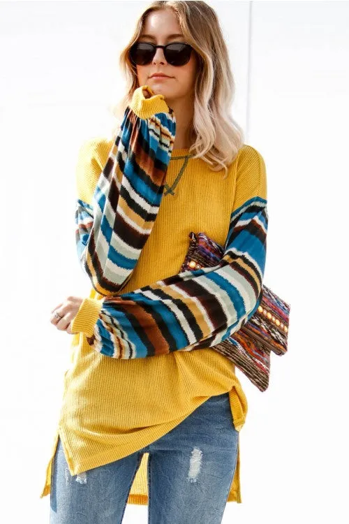 Tribal Striped Sleeve Knit Top, Mustard