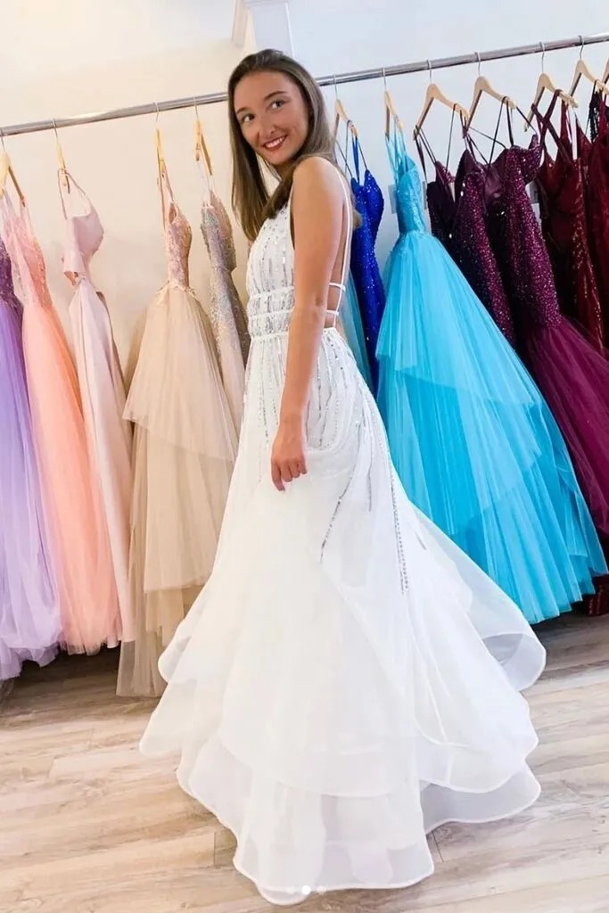 White V neck Tulle Sequina Long Prom Dress A Line Evening Dress PFP1591