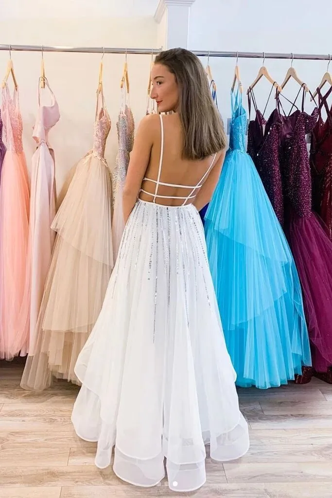 White V neck Tulle Sequina Long Prom Dress A Line Evening Dress PFP1591