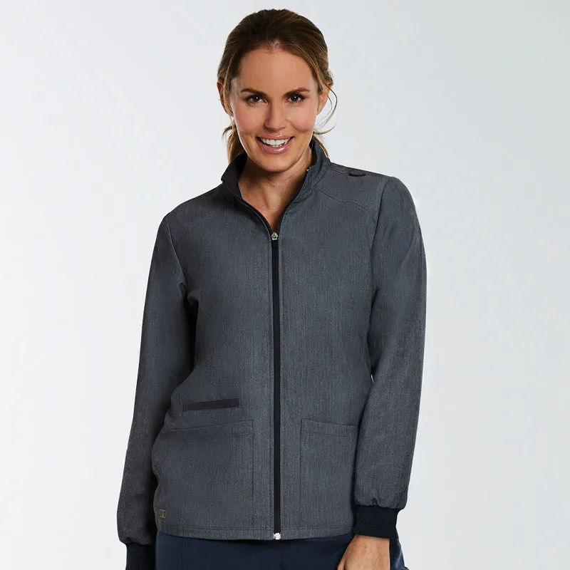 Womens Fitted Hi-Collar Zip Front Warm up Jacket / Heather Grey