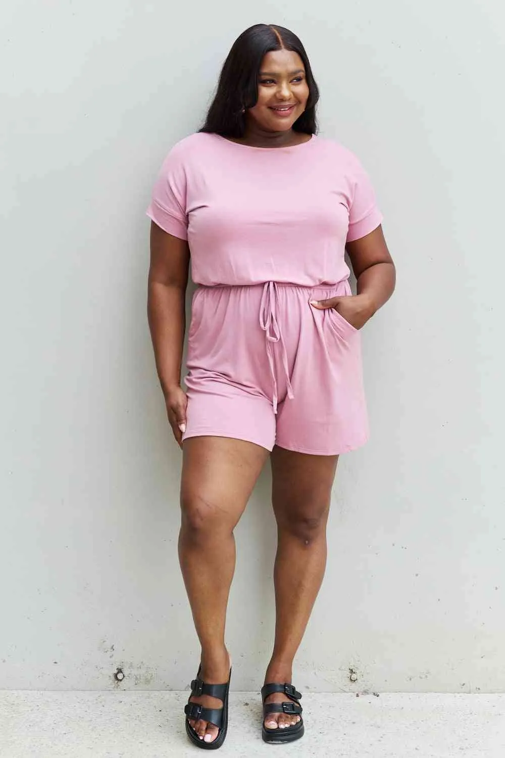 Zenana Chilled Out Full Size Short Sleeve Romper in Light Carnation Pink