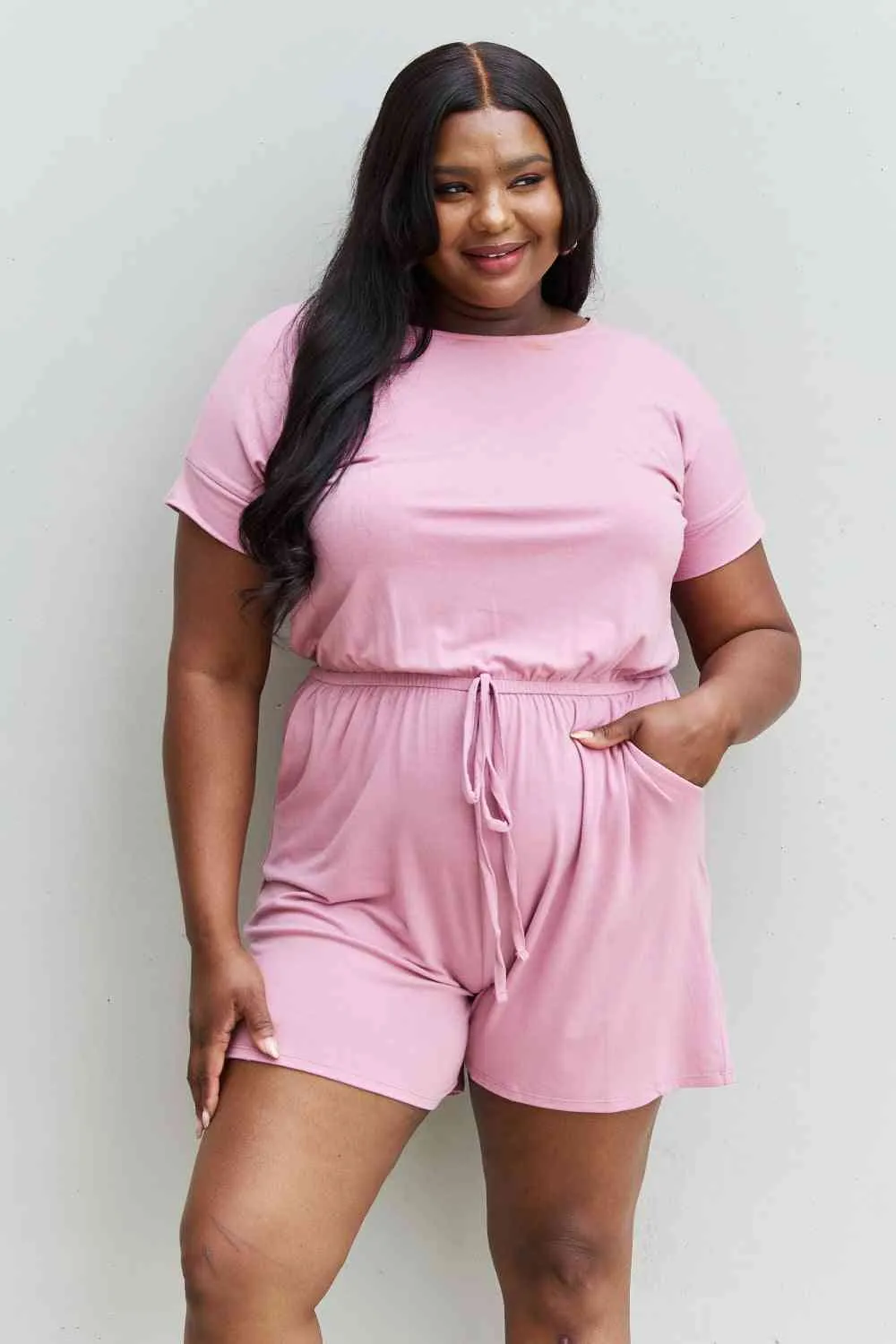 Zenana Chilled Out Full Size Short Sleeve Romper in Light Carnation Pink