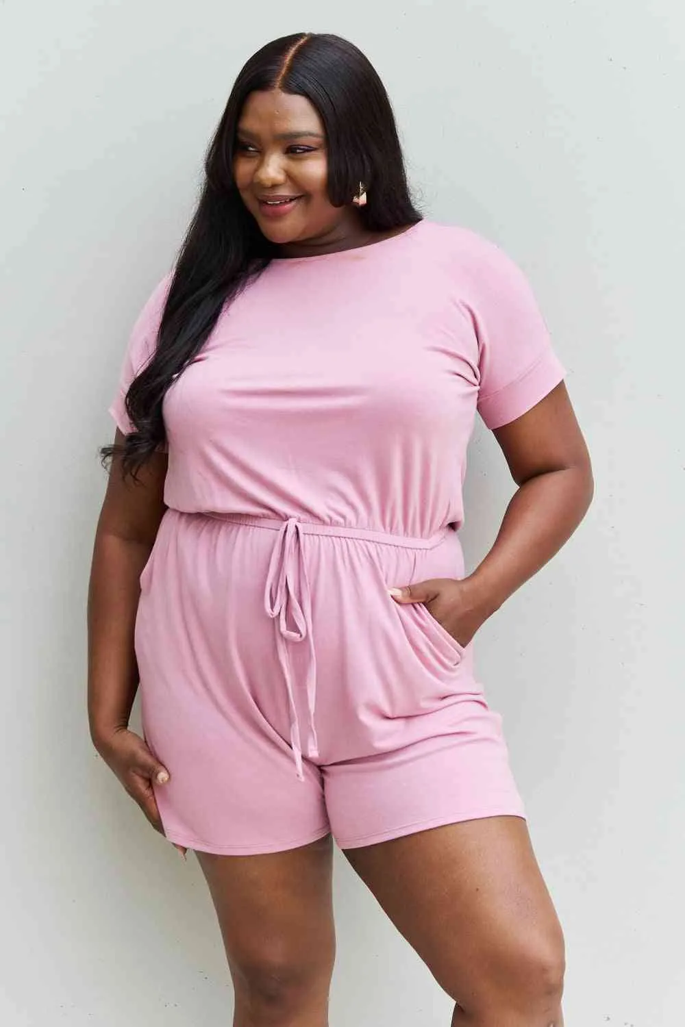 Zenana Chilled Out Full Size Short Sleeve Romper in Light Carnation Pink